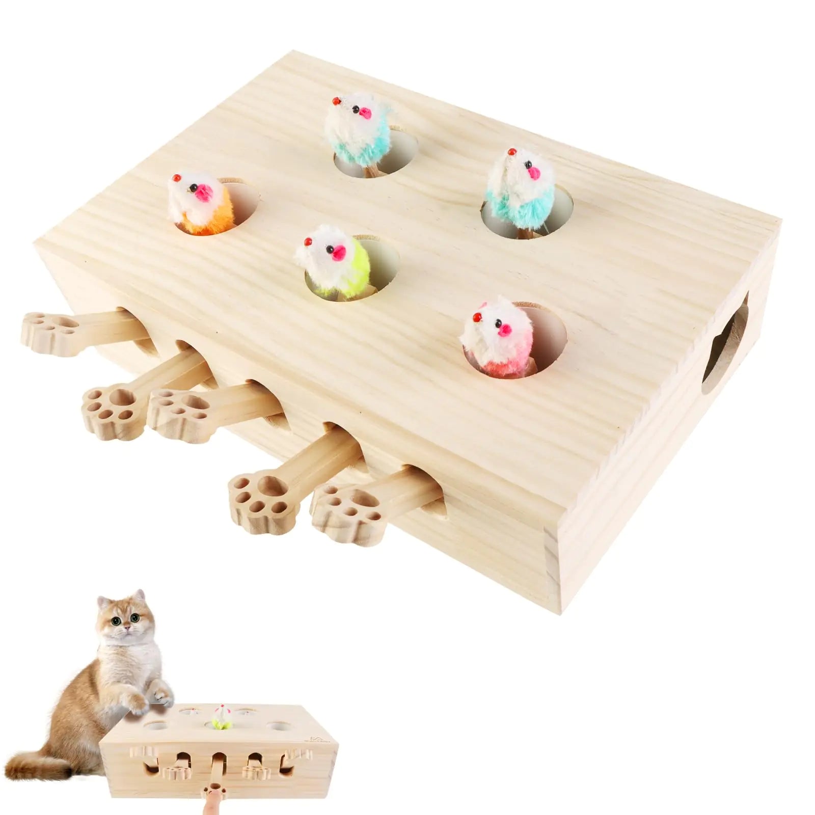 Wooden Cat Toy Whack-a-Mole 3-in-1
